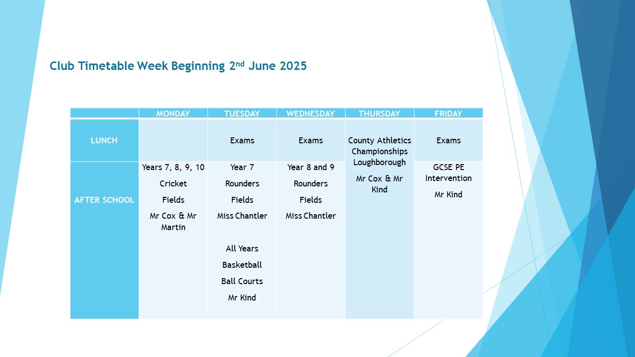 PE Club Timetable