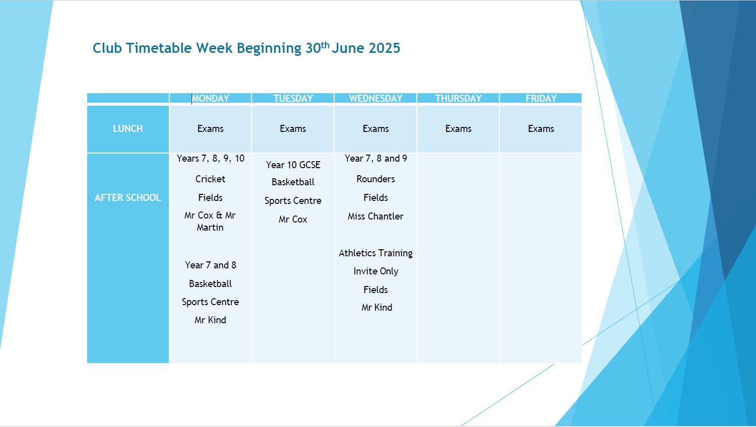 PE Club Timetable