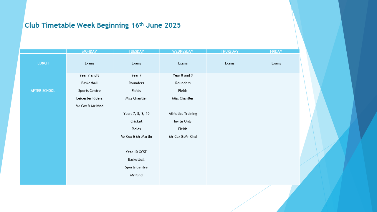 PE Club Timetable
