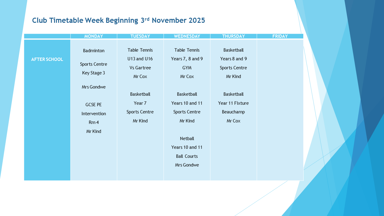 Club Timetable W.b 3rd Nov