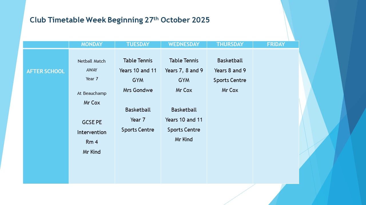 Club Timetable Wb 27.10