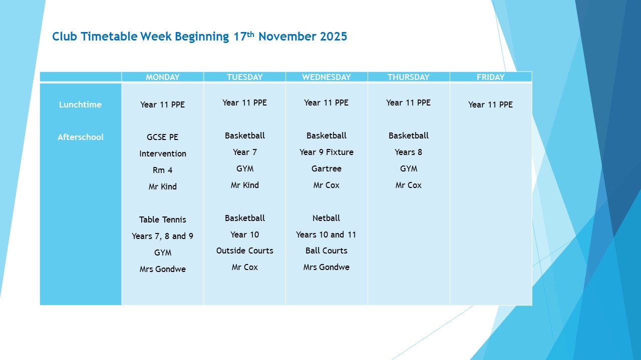 Club Timetable Week Beginning 17th November
