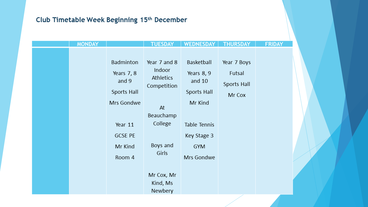 Club Timetable W.b 15th December